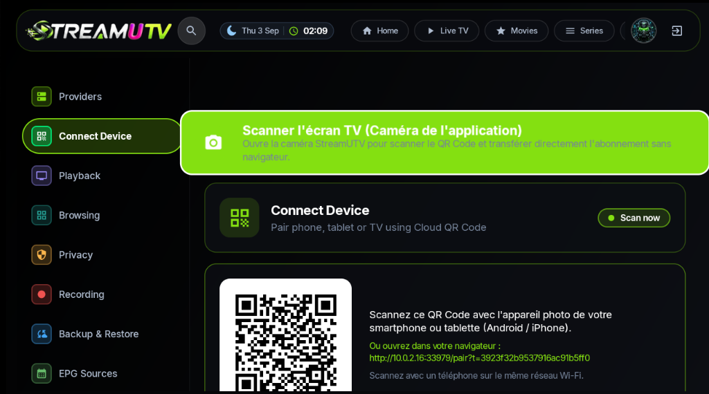 StreamuTV Connect Device QR Interface
